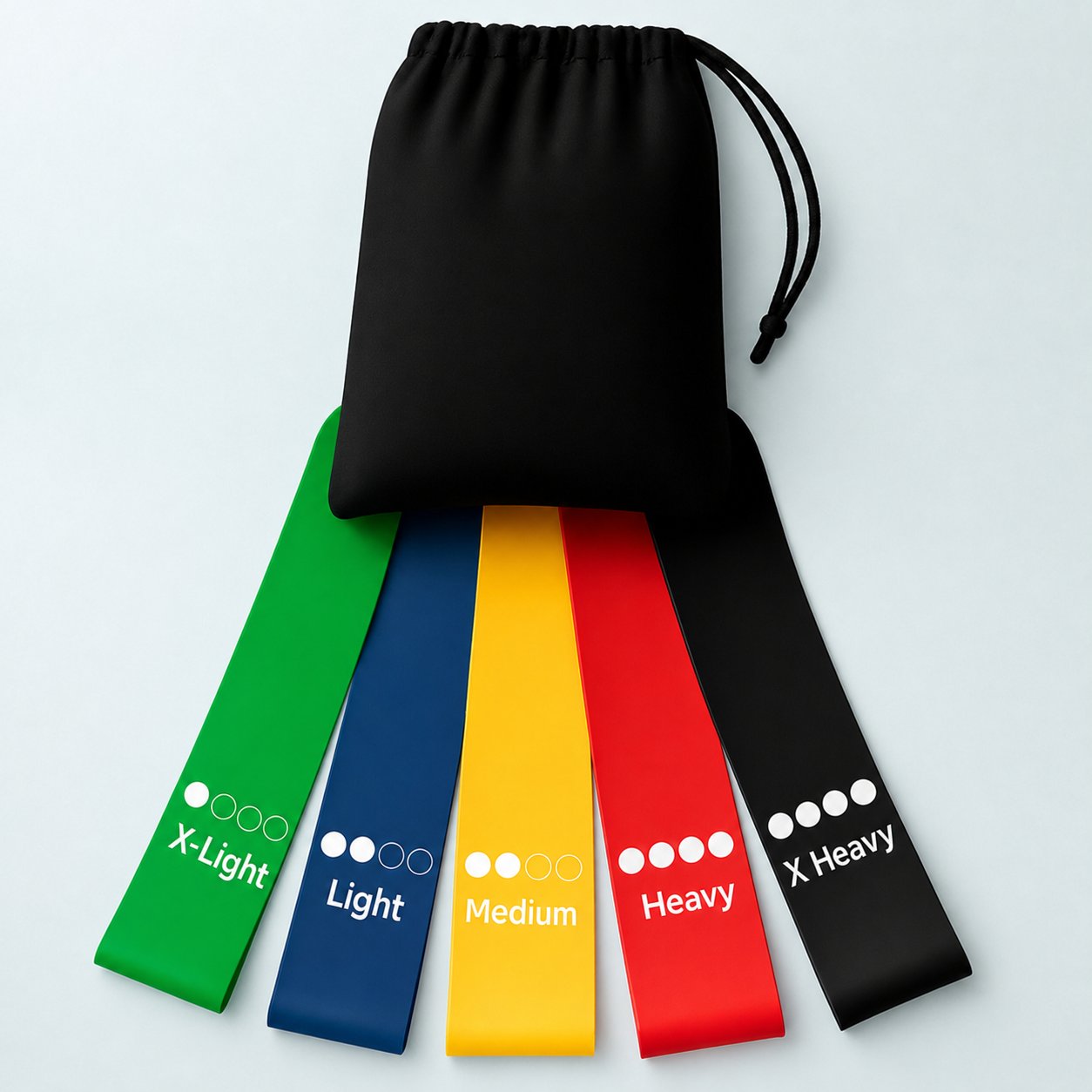 Set of 5 looped resistance bands in carrying bag for rehab and core strengthening exercises
