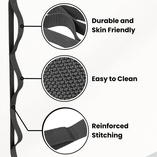 Diagram of the yoga strap (10 loop) with close-up details labeled 'Durable and Skin Friendly', 'Easy to Clean', and 'Reinforced Stitching'.