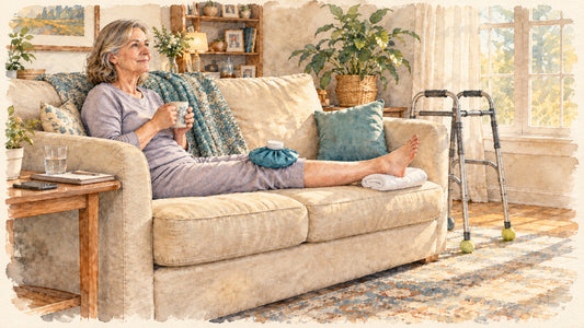 Woman resting on her couch one week after knee replacement, leg straight with her heel propped on a rolled towel, an ice pack on her knee and a walker beside her