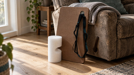 Heel slide board, KneEXT foam heel prop and stretch strap resting on a wood floor beside a recliner in morning light
