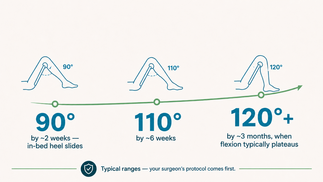 Knee flexion milestones after total knee replacement — about 90 degrees by 2 weeks, 110 by 6 weeks, and 120 plus by 3 months