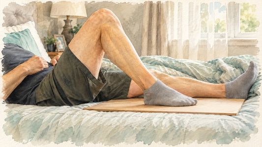 Watercolor illustration of heel slides in bed after knee replacement: lying back on pillows with the knee bent and a socked heel gliding on a slide board on the mattress