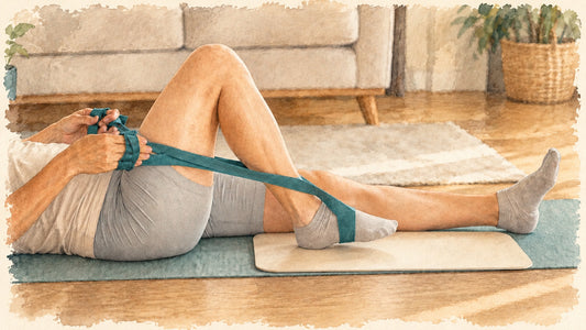 Watercolor illustration of a strap-assisted heel slide: lying on a mat with a strap looped around the foot, pulling gently to help the knee bend as the heel slides on a slide board