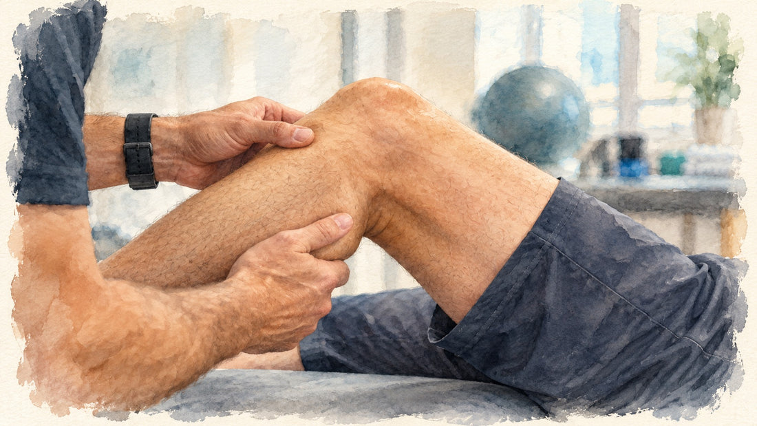 Watercolor illustration of a clinician's hands checking how far a stiff knee bends after knee replacement, with the patient lying on a treatment table