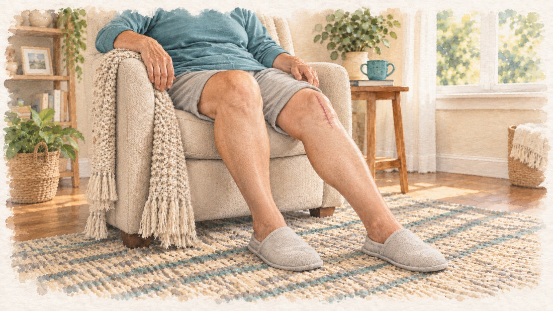 Watercolor illustration of an older adult resting in an armchair at home with a healed incision scar on the knee after total knee replacement