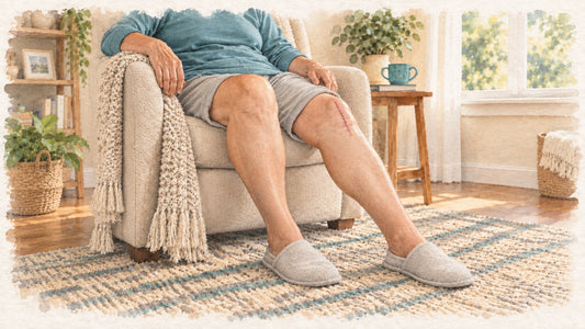 Watercolor illustration of an older adult resting in an armchair at home with a healed incision scar on the knee after total knee replacement