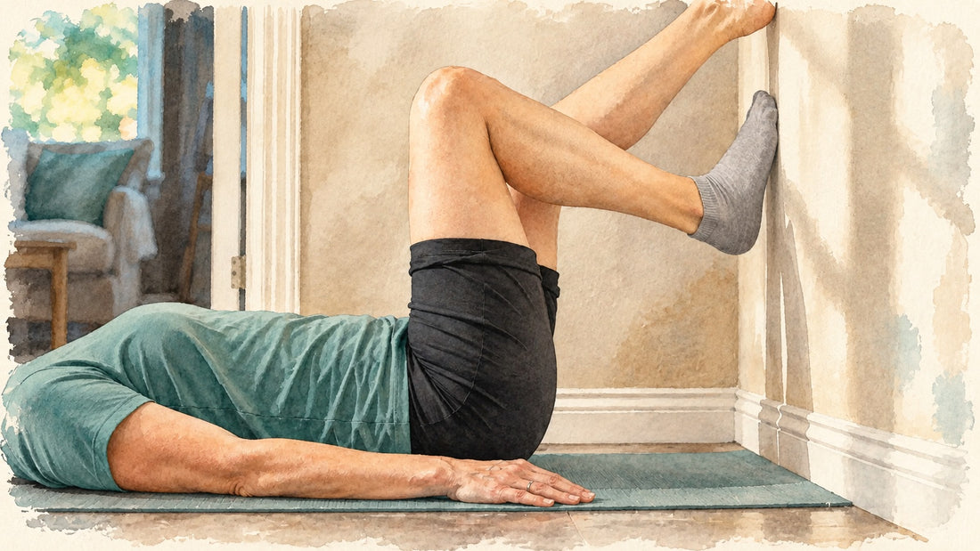 Watercolor illustration of a wall heel slide: lying on your back on a mat with one foot on the wall, the knee bending as the heel slides down