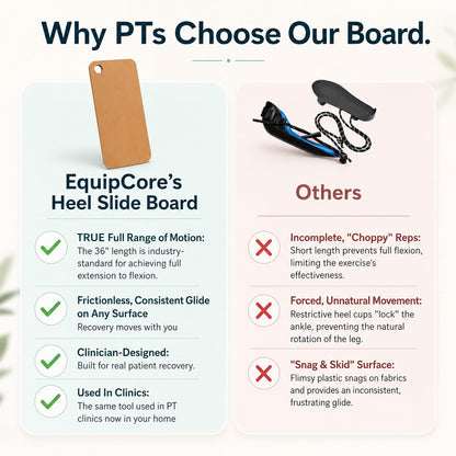 Comparison chart showing why physical therapists choose the EquipCore Heel Slide Board over other heel-slide devices for full knee range of motion and frictionless glide.