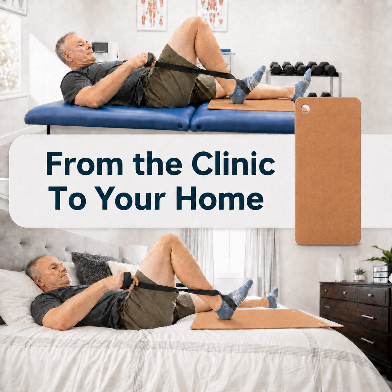 The EquipCore Heel Slide Board from the clinic to your home — patients doing heel slides on a clinic table and on a bed at home.