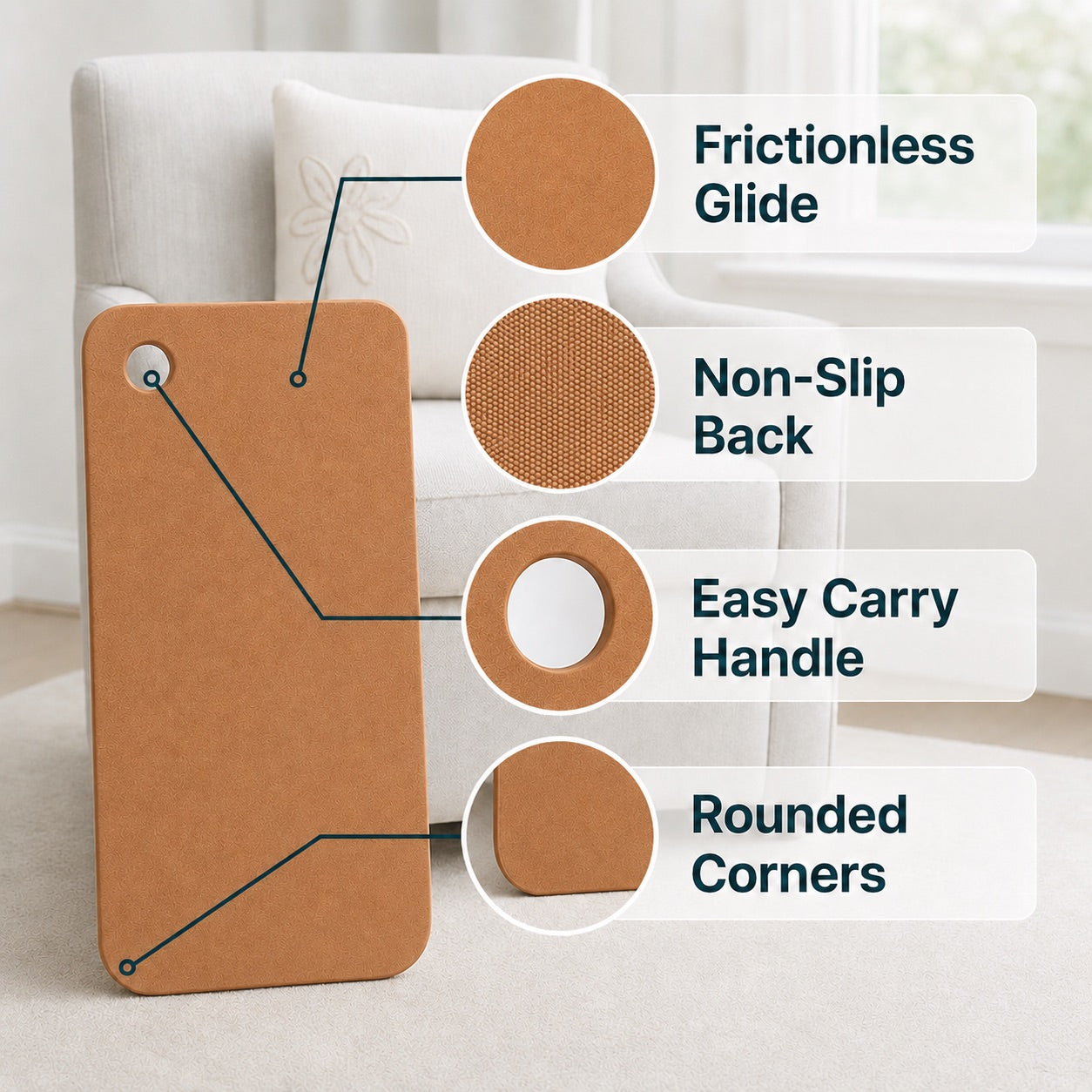 EquipCore Heel Slide Board features: frictionless glide surface, non-slip back, easy-carry handle, and rounded corners.