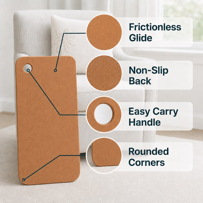 EquipCore Heel Slide Board features: frictionless glide surface, non-slip back, easy-carry handle, and rounded corners.