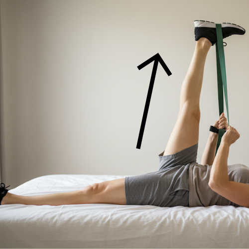Hamstring stretch using 10-loop yoga strap for PT-approved recovery stretching after knee replacement