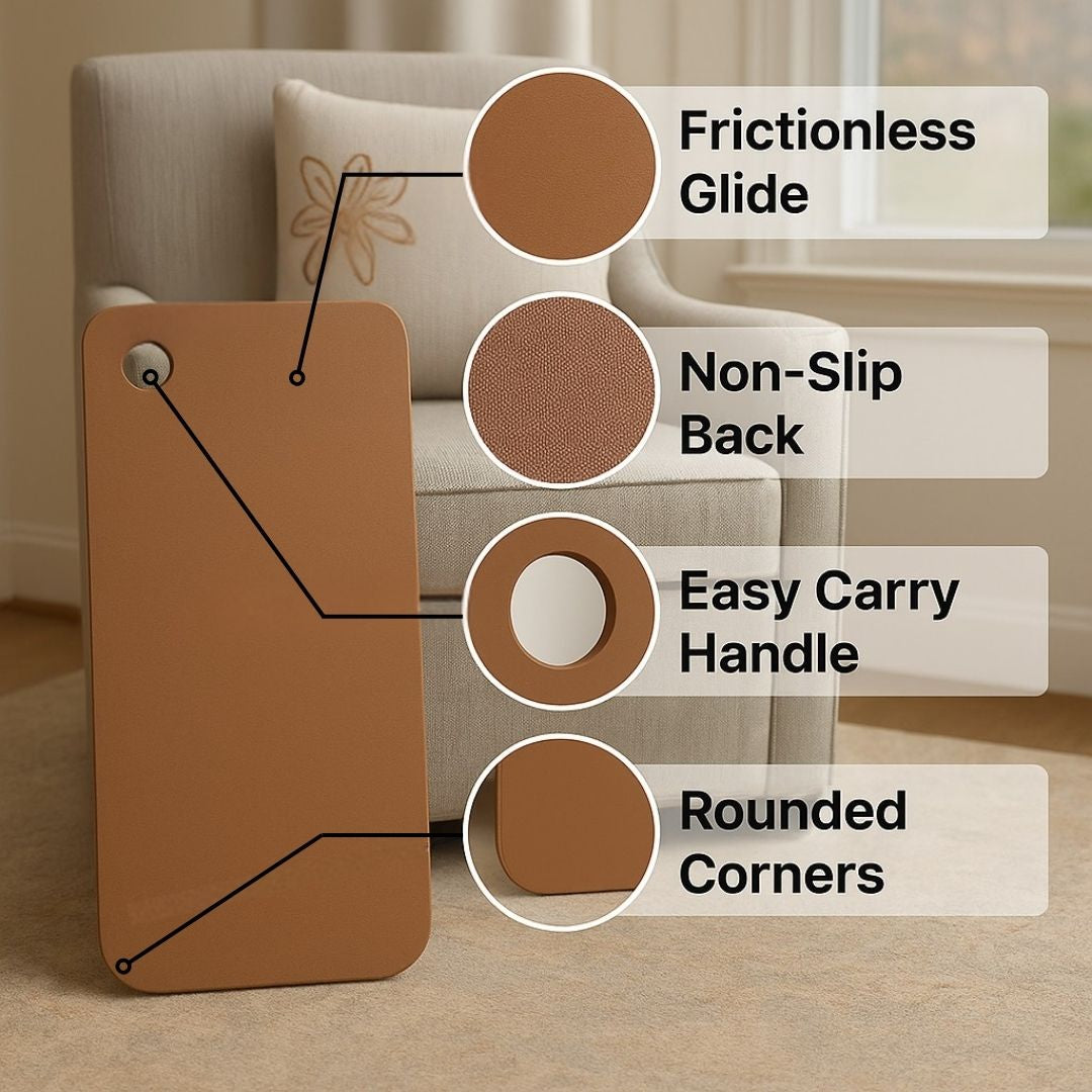 Heel Slide Board features including non-slip backing, frictionless surface, and rounded safety corners
