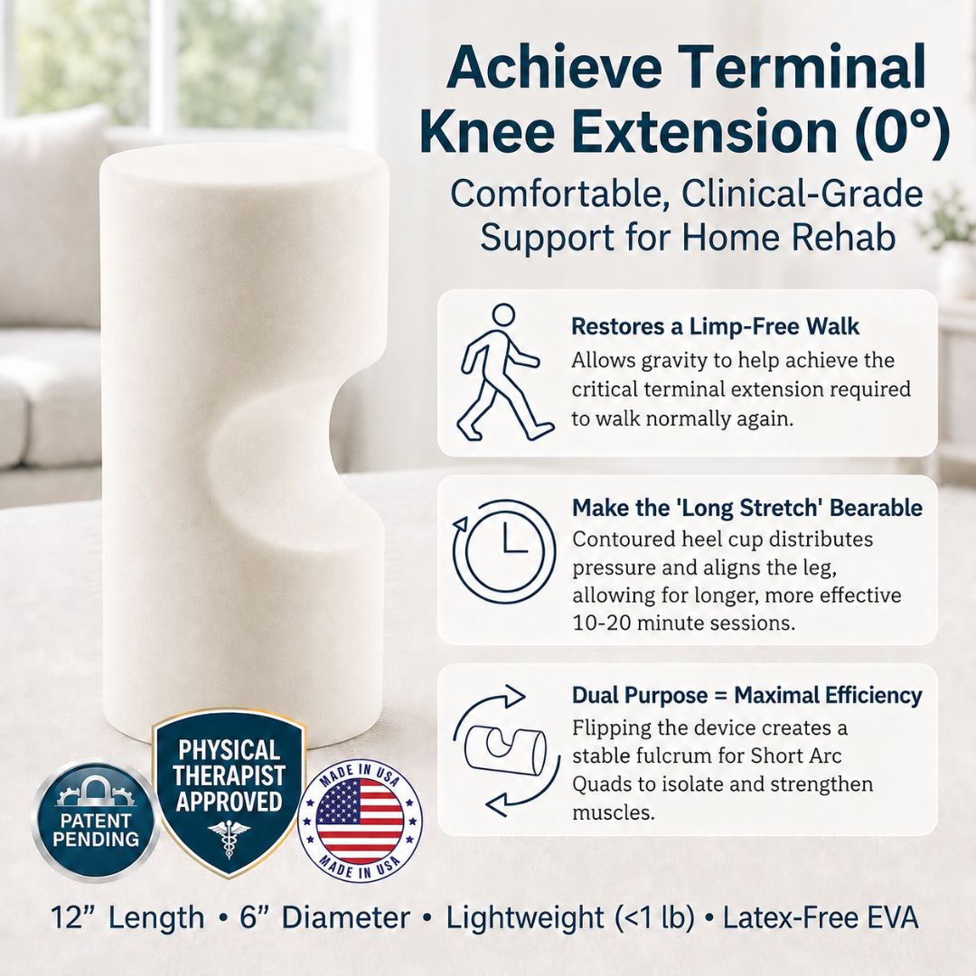 Close-up of KneEXT's heel cut-out design — centered 3-inch cup for prolonged knee extension