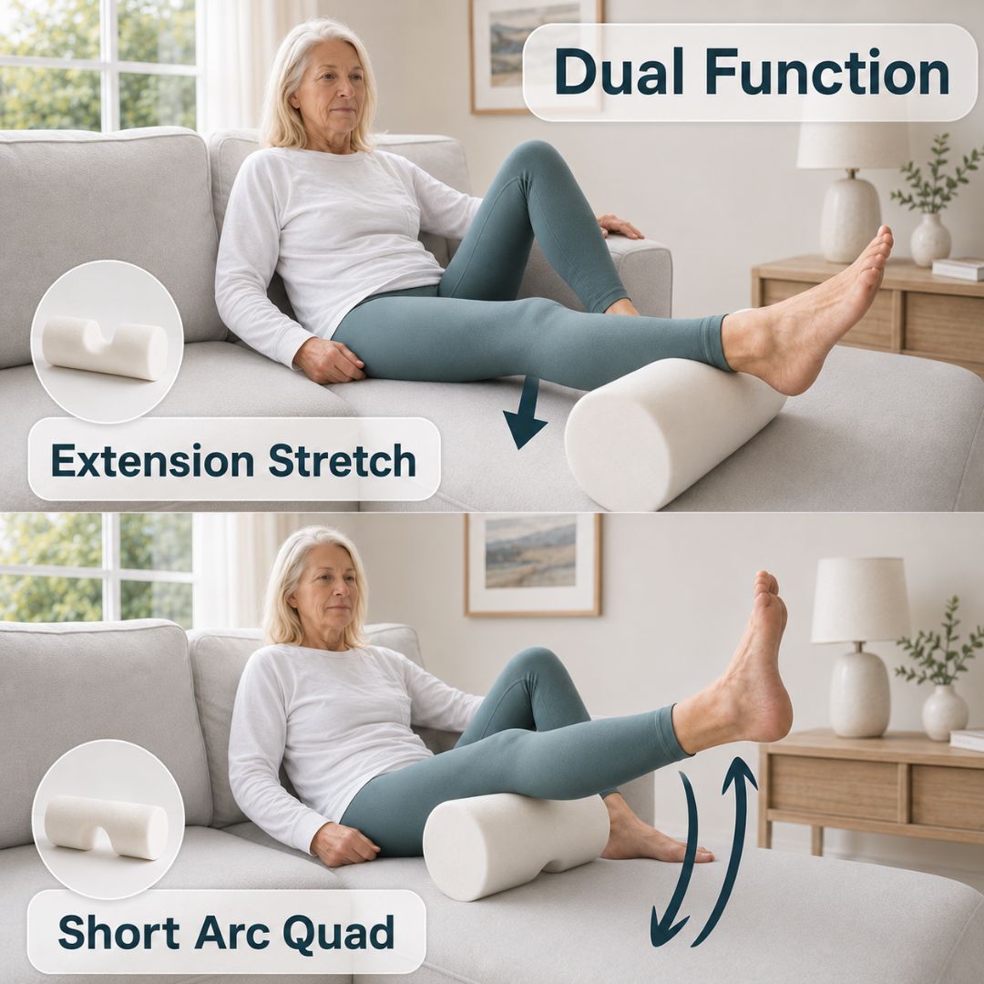 KneEXT explainer diagram showing how the heel cut-out enables prolonged extension stretches