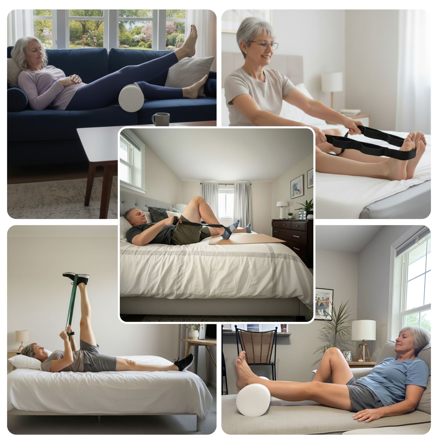 Collage of people using the total knee recovery kit. 