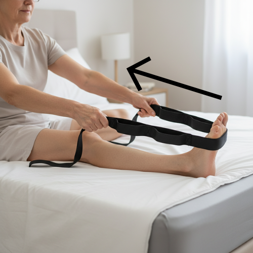 Seated calf stretch using 10-loop yoga strap for post-surgery flexibility and recovery