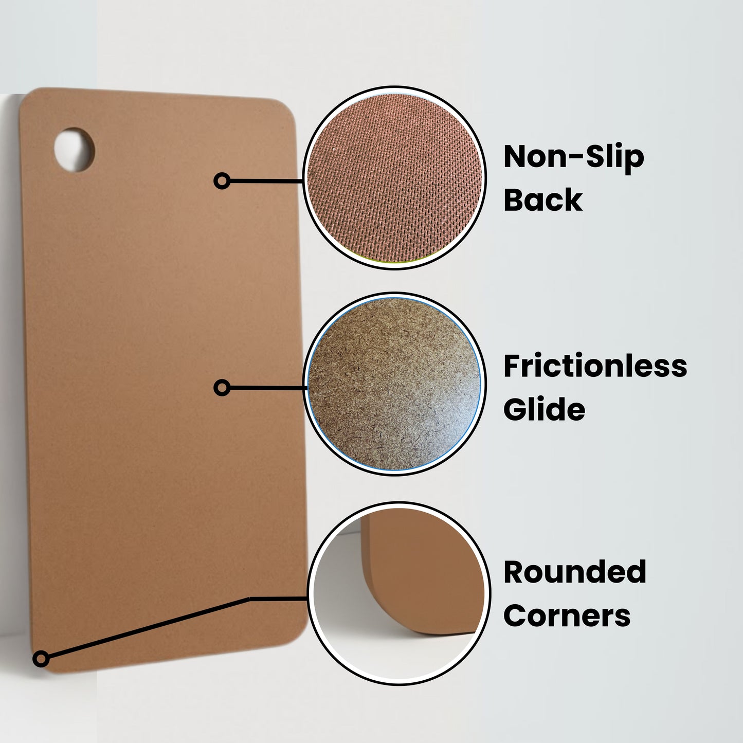 Highlighting the features of the heel slide board including a non-slip back, frictionless glide for heel slides, and rounded corners for saftey. 