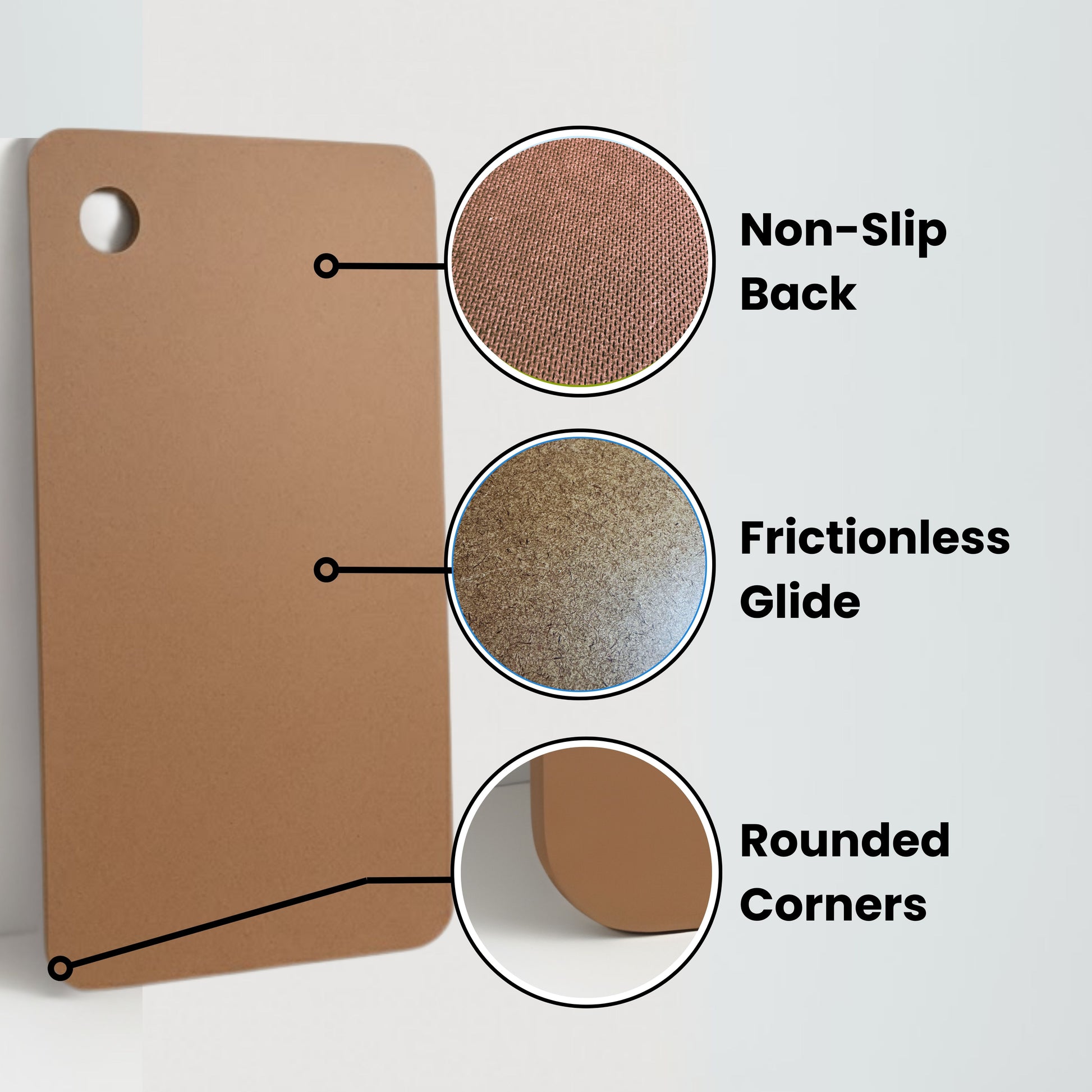 Highlighting the features of the heel slide board including a non-slip back, frictionless glide for heel slides, and rounded corners for saftey. 