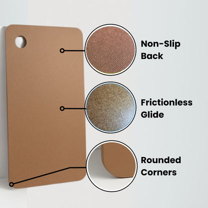 Highlighting the features of the heel slide board including a non-slip back, frictionless glide for heel slides, and rounded corners for saftey. 