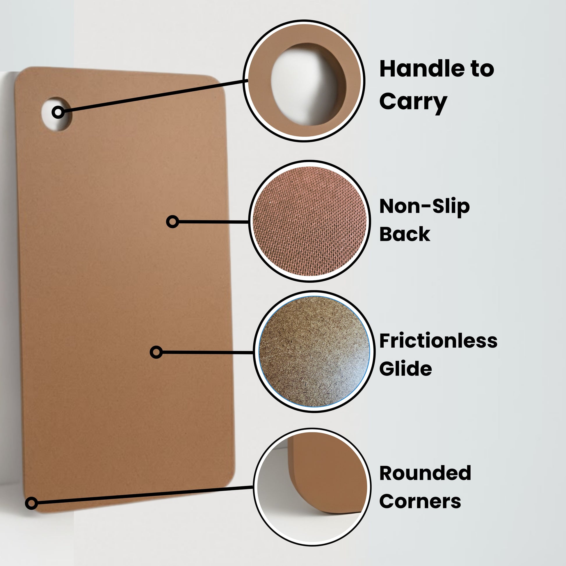 Heel slide board with features labeled including: Handle to carry, non-slip back, frictionless glide, rounded corners. 