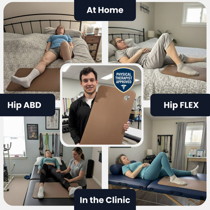 Collage of people using a physical therapy slide board for heel slides at home and in the clinic. Also showing the heel slide board is physical therapist approved. 