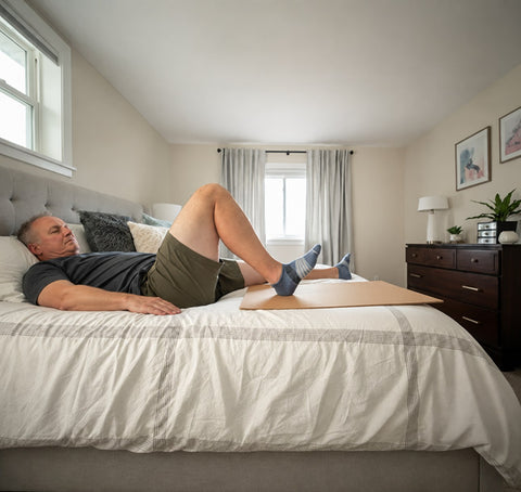 Man lying in bed doing a heel slide after knee replacement, his heel resting on the EquipCore Heel Slide Board as he bends his knee