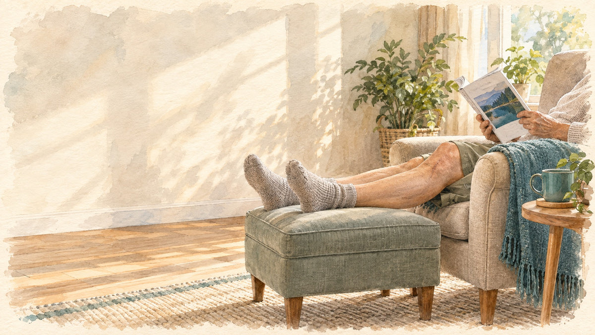 Watercolor illustration of a person recovering from knee replacement at home, reading in an armchair by a sunny window with both legs resting on an ottoman and a healed incision scar on the knee